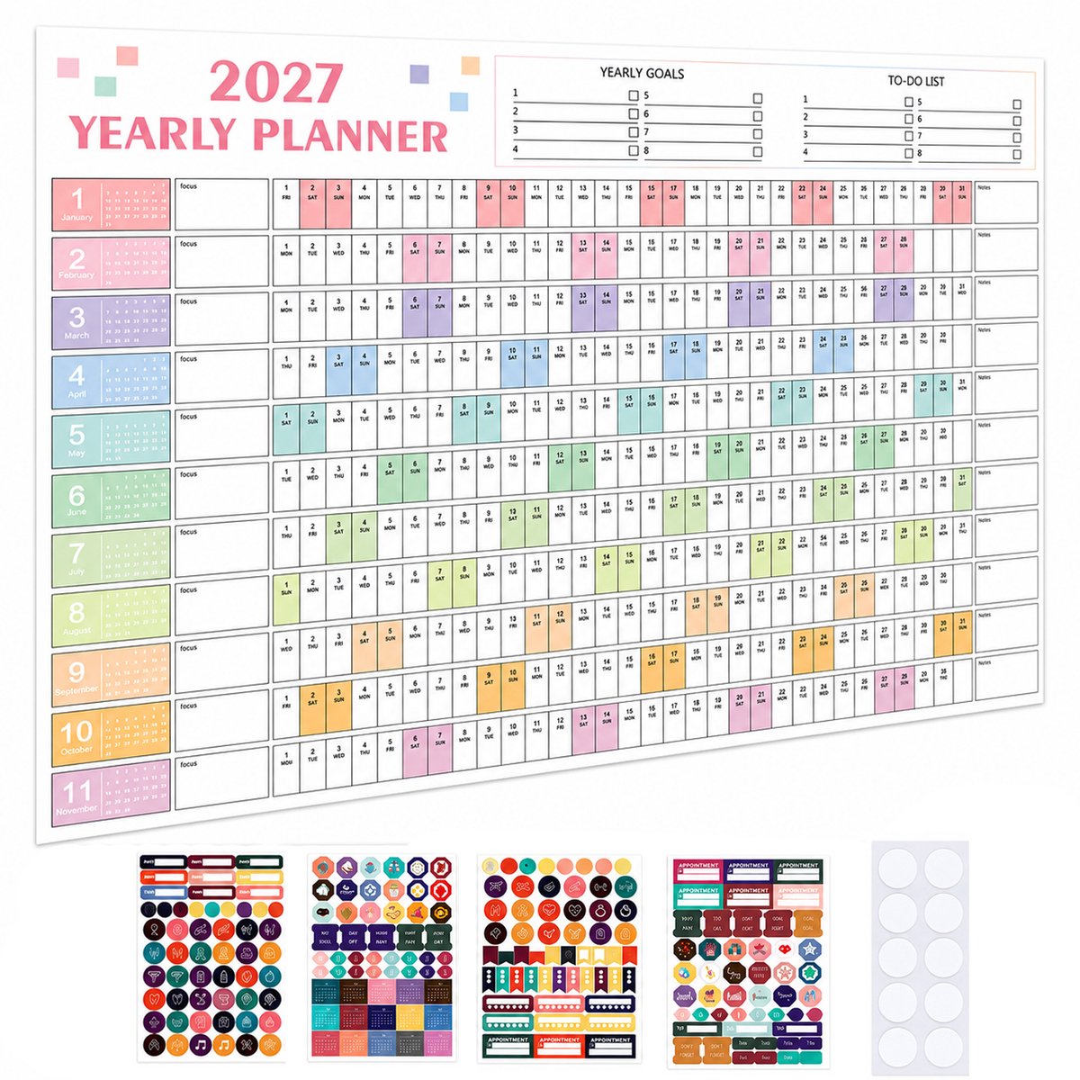 Ulisem - 2027 Wandkalender - Grote Jaarplanner - Dubbelzijdige Kalender - Dikke Papierkwaliteit - Kleurrijke Maandplanner - Voor Woonkamer Keuken Kantoor Studiekamer en Appartement - roze