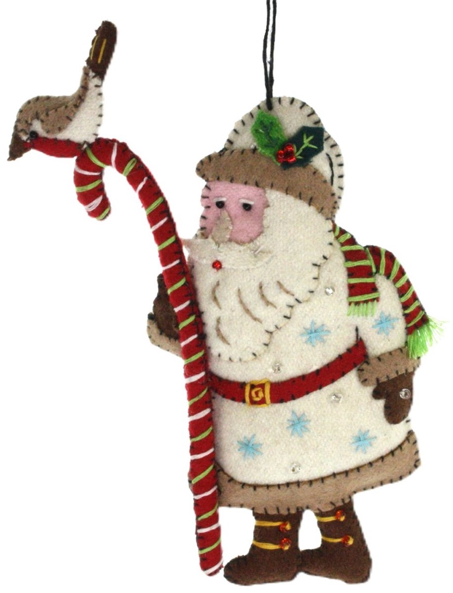 Kerstman met wandelstok en roodborst, vilt 10,5x2x17cm