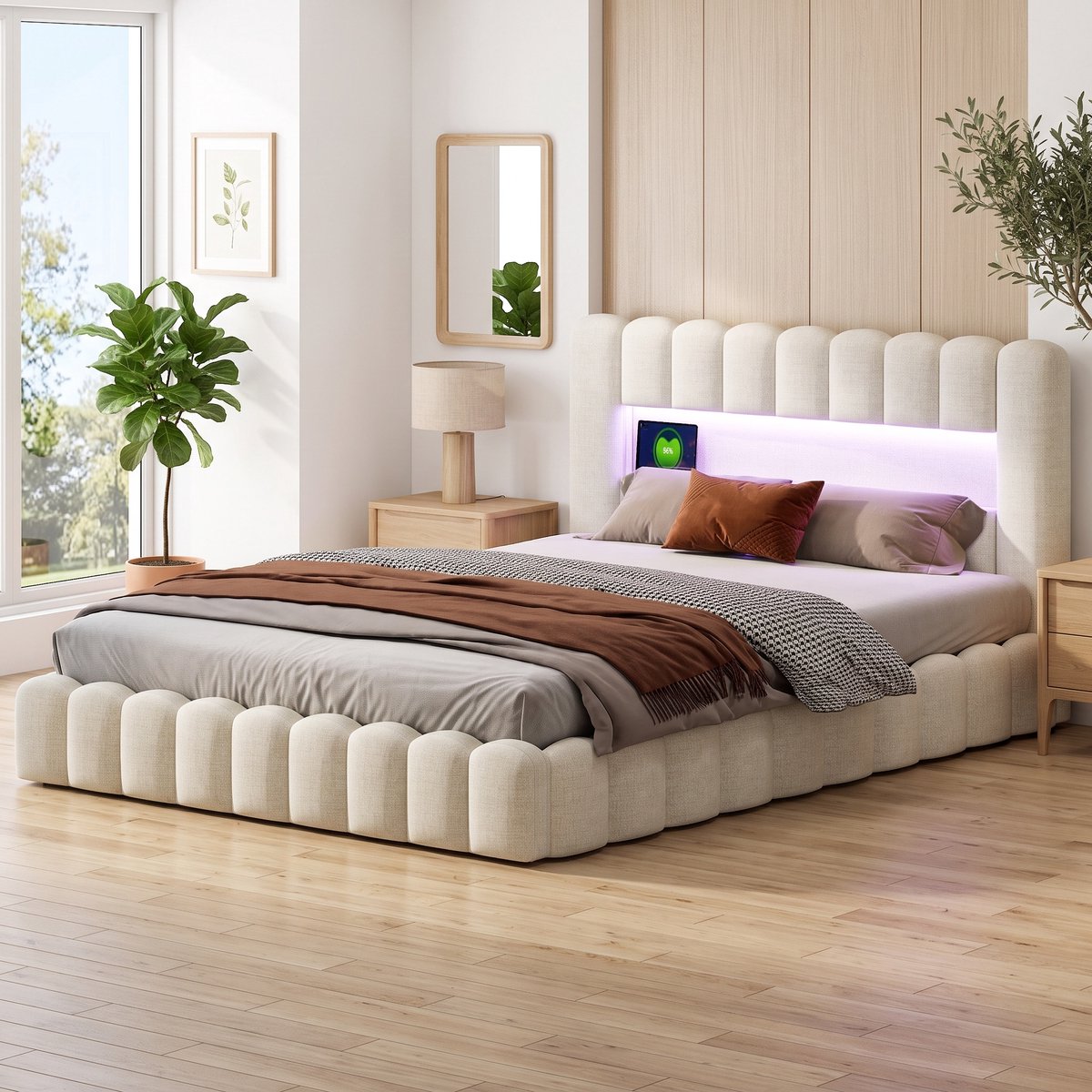 MEXUS Gestoffeerd Boxspring Bed 160x200 cm Met Opbergruimte en Lattenbodem - Tweepersoonsbed Met USB-C - Hydraulisch Opbergbed Met LED - Linnen - Beige - Zonder Matras