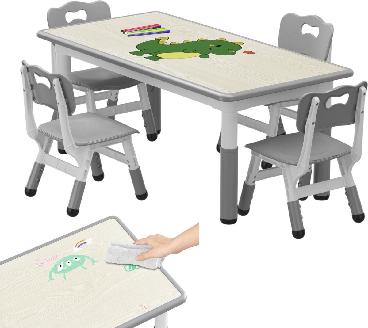 Verstelbare tafel- en stoelenset voor kinderen (1 tafel + 4 stoelen) - Tafelblad in doodle-stijl met 12 aquarelpotloden - Antislip tafelpoten - Knutseltafel, perfect om te spelen, lezen en tekenen - Grijs