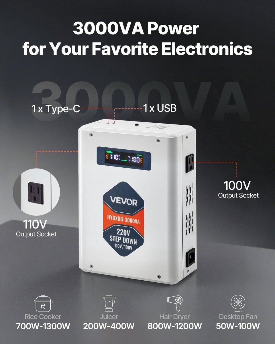 VEVOR 3000 VA step-down spanningsomvormer voor zware toepassingen van 220 V naar 110 V met 2 Amerikaanse - ShopVlot