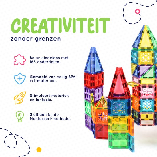 Torens en gebouwen gemaakt van kleurrijke magnetische bouwblokken, met de tekst 'CREATIVITEIT zonder grenzen'.