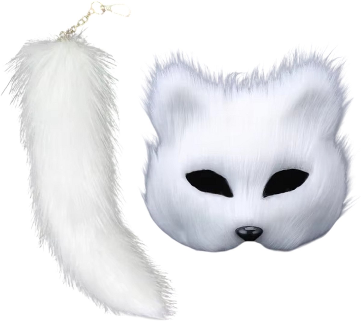 Vos Wolf Cosplay Set – Harige Kattenstaart en Halfgezicht Masker met Sleutelhanger voor Feest, Festival en Maskerade - Wit