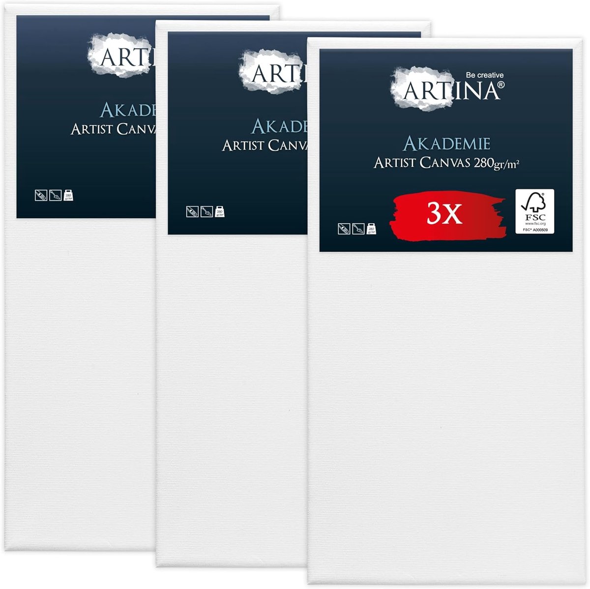 Artina Akademie Set van 3 Schilderdoeken Canvas 30x60 cm Spieraam van FSC® Hout Wit Canvas 100% Katoen 280 g/m²