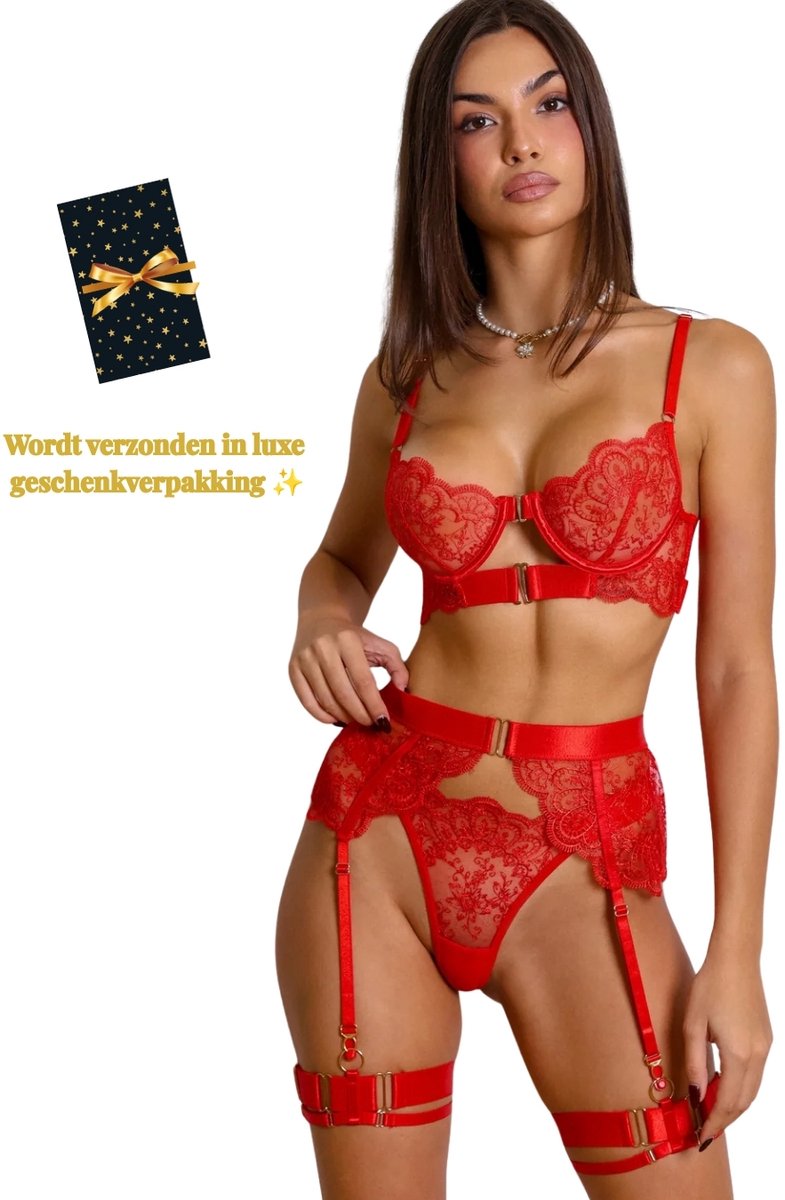 Luxe Lingerieset Dames – Lingerie Erotisch – Sexy Lingerie – 4-delige set – Zwart Kant – Lingerie Setje – Verleidelijke BH met Jarretels & Hoge Taille String – Sexy Lingerie – Chique – Luxe –Boudoir Look – Kinky – Erotisch – Maat XS/S, M, L, XL