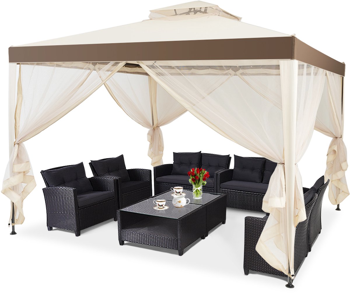 SureDeal® - Partytent - Luifel Tuinpaviljoen Dubbele - Stalen Muskietengaas Bruin - Beige - 3x3x2,65 cm