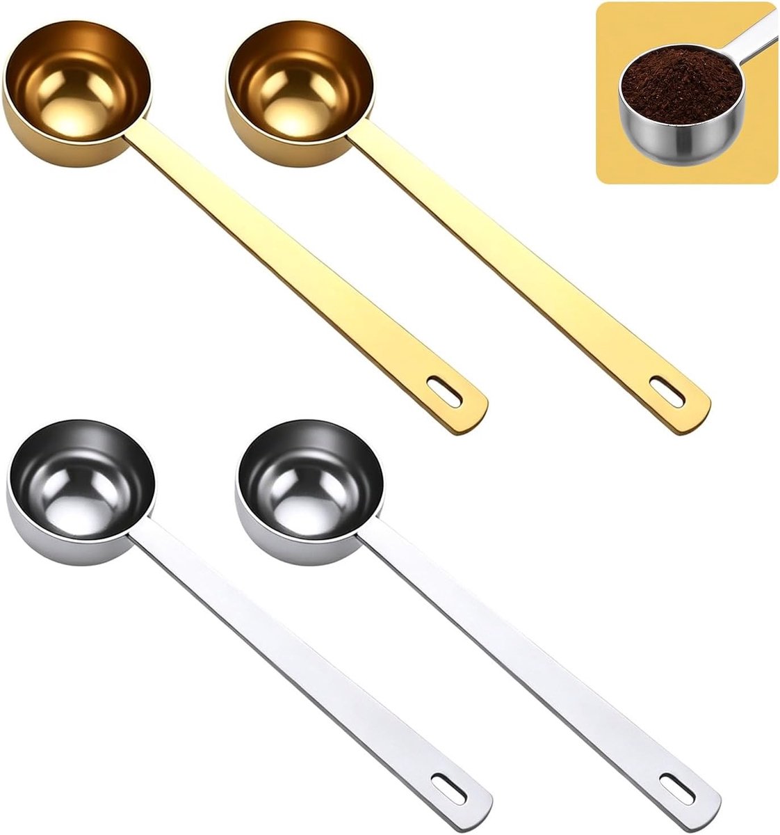 Set van 4 roestvrijstalen doseerlepels voor koffie, thee en specerijen met lange handgreep, 15 ml per lepel
