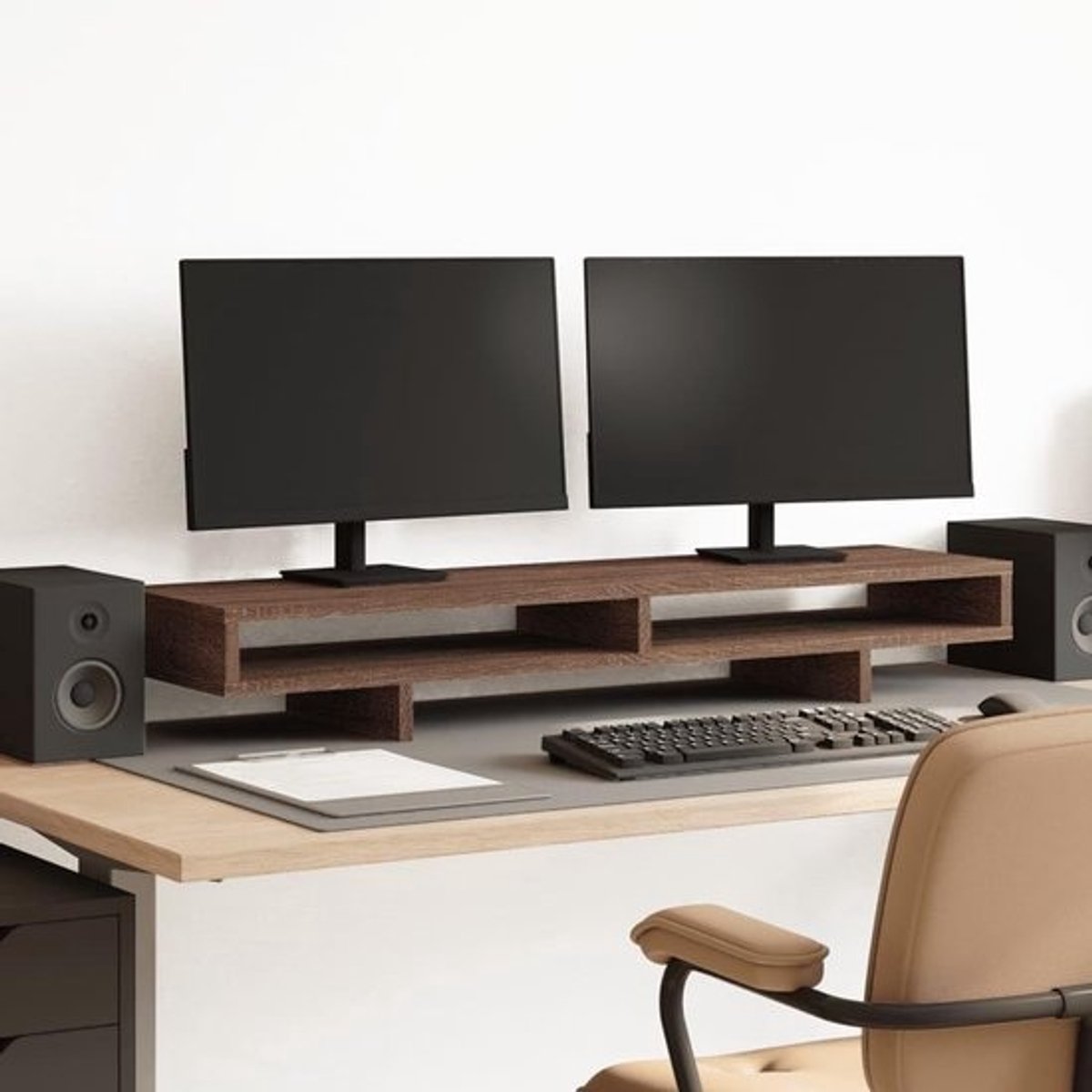 Monitorstandaard Hout met Opbergruimte - Monitorverhoger Bureau Organizer Eikenlook