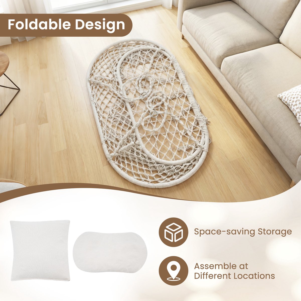 SureDeal® - Schommelbank - 2-zits Hangstoel Boho - Kussen - Franjes Binnen - Buiten Hangmand Tuinschommel - 130x74x7 cm - Beige