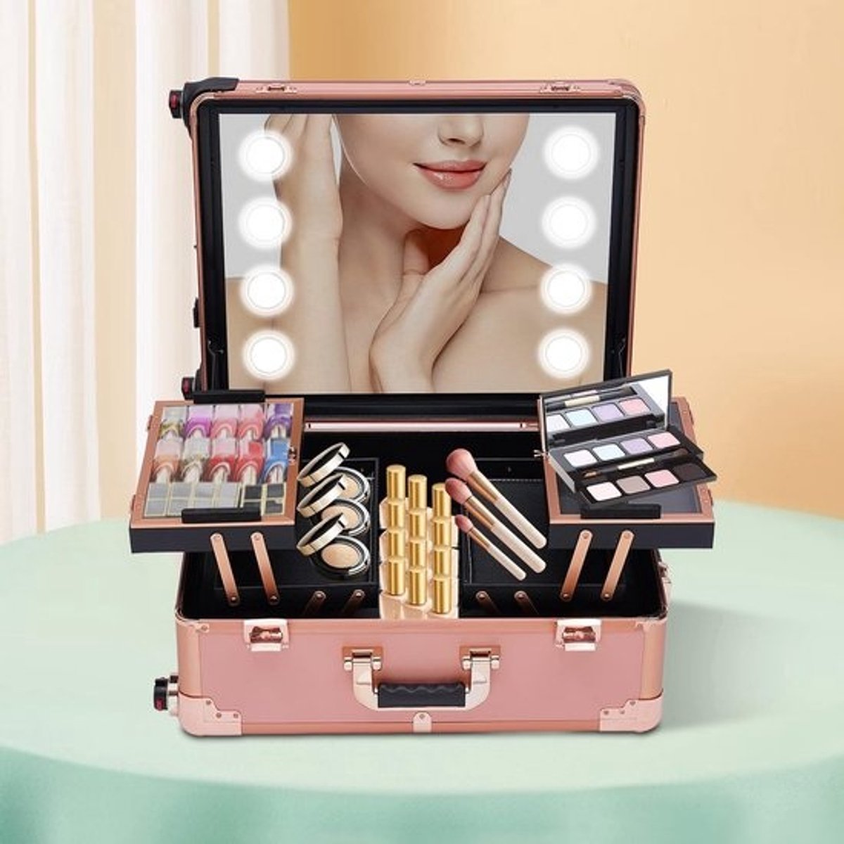 Professionele Make-up Trolley op Wieltjes met Verstelbare LED Verlichting en Spiegel