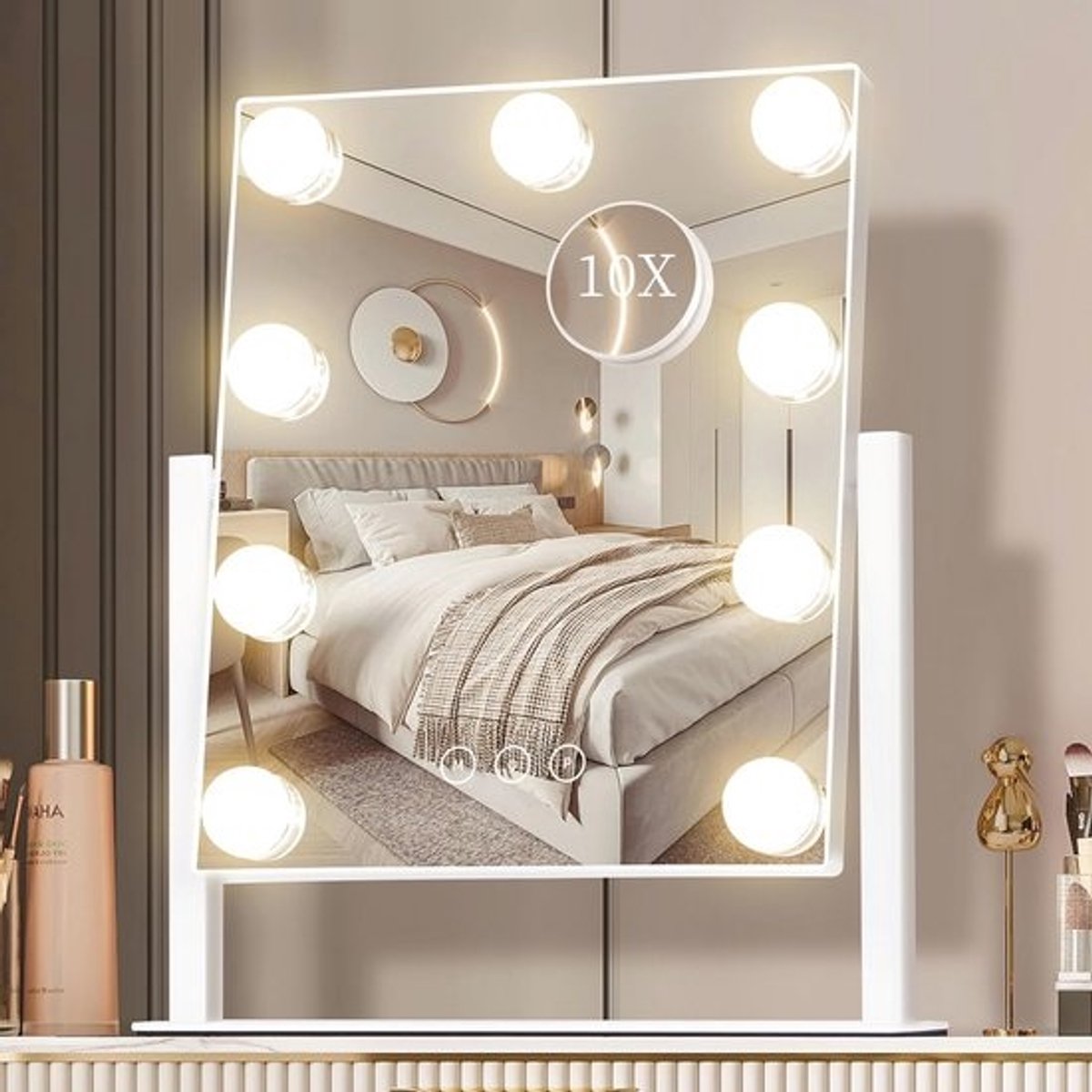 Make-up Spiegel met Verlichting - 3 Kleuren, 10x Vergrotingsspiegel, Touch Control, 360° Rotatie