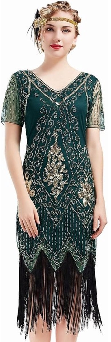 Flapper Fringed Pailletten Jurk voor een Avondje uit - Vintage Gatsby Kostuum met V-hals