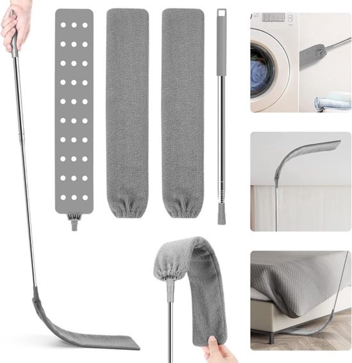 DOBIGER Telescopische Stofwisser Plat Wasbaar met Roestvrijstalen Steel, Uitschuifbare Stofreiniger 2,5m met Verwisselbare Microfiber Borstel voor Onder Bank Meubels Vloeren Huishoudelijke Hoeken Stof