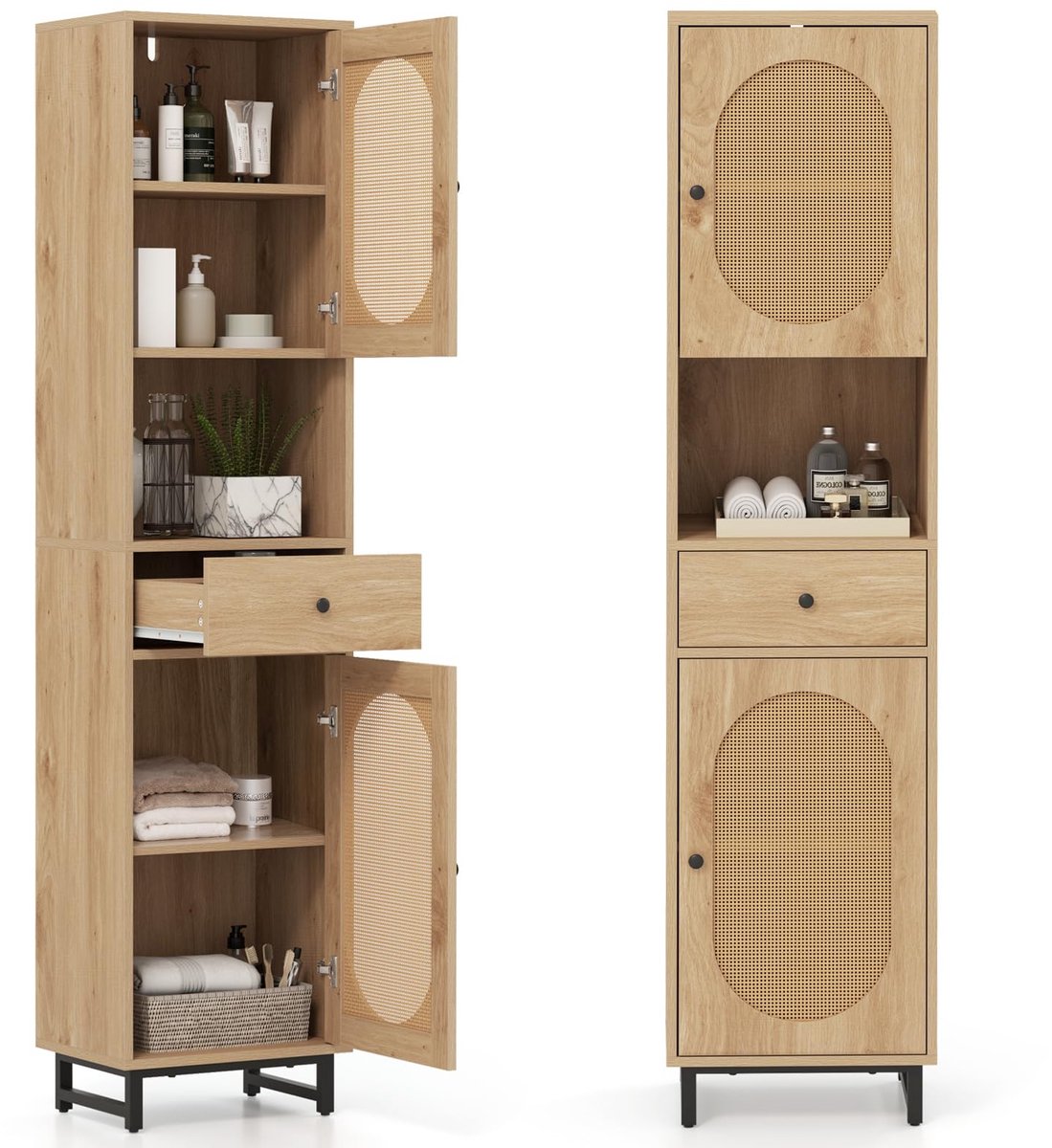 COSTWAY Badkamerkast rotan, vrijstaande hoge kast met 2 deuren, lade en verstelbare planken, smalle badkamerkast voor woonkamer, badkamer, keuken, natuur, 40 x 30 x 170 cm