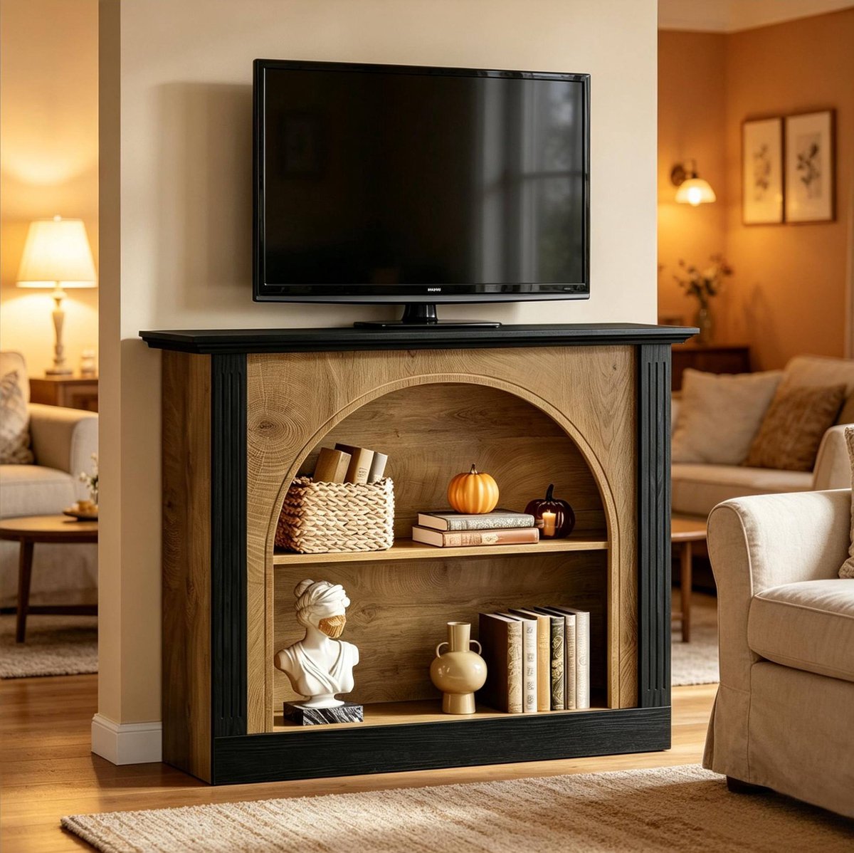 MODFU - Sidetable - 3-Laags Opbergruimte - Mid-Century Modern - Hout - Zwart, Houtkleur