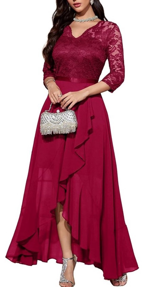 Elegante Hi-Lo Avondjurk met Kant en Chiffon voor Feest, Bruiloft of Gala