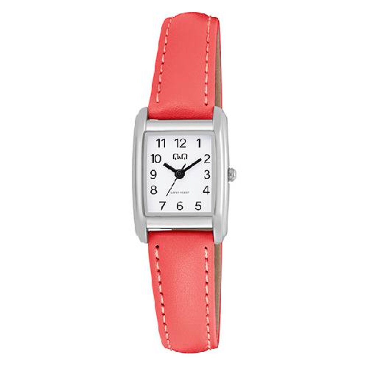 Q&Q-dameshorloge-rechthoekig-rood leder-3 atm waterdicht-duidelijke wijzerplaat-afmeting 28x20 mm