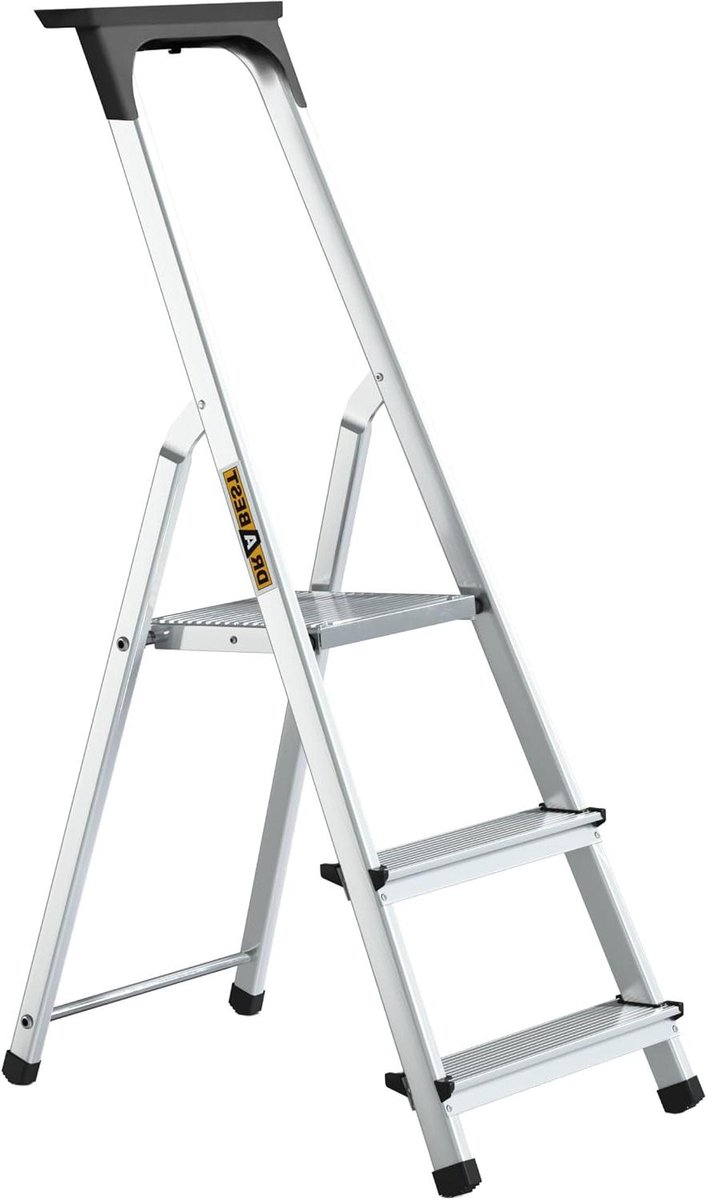 Huishoudladder 3 treden - Klapladder Aluminium - Klusjes Binnenshuis - Met Opbergvak - Werkhoogte 2.54m - Aluminium