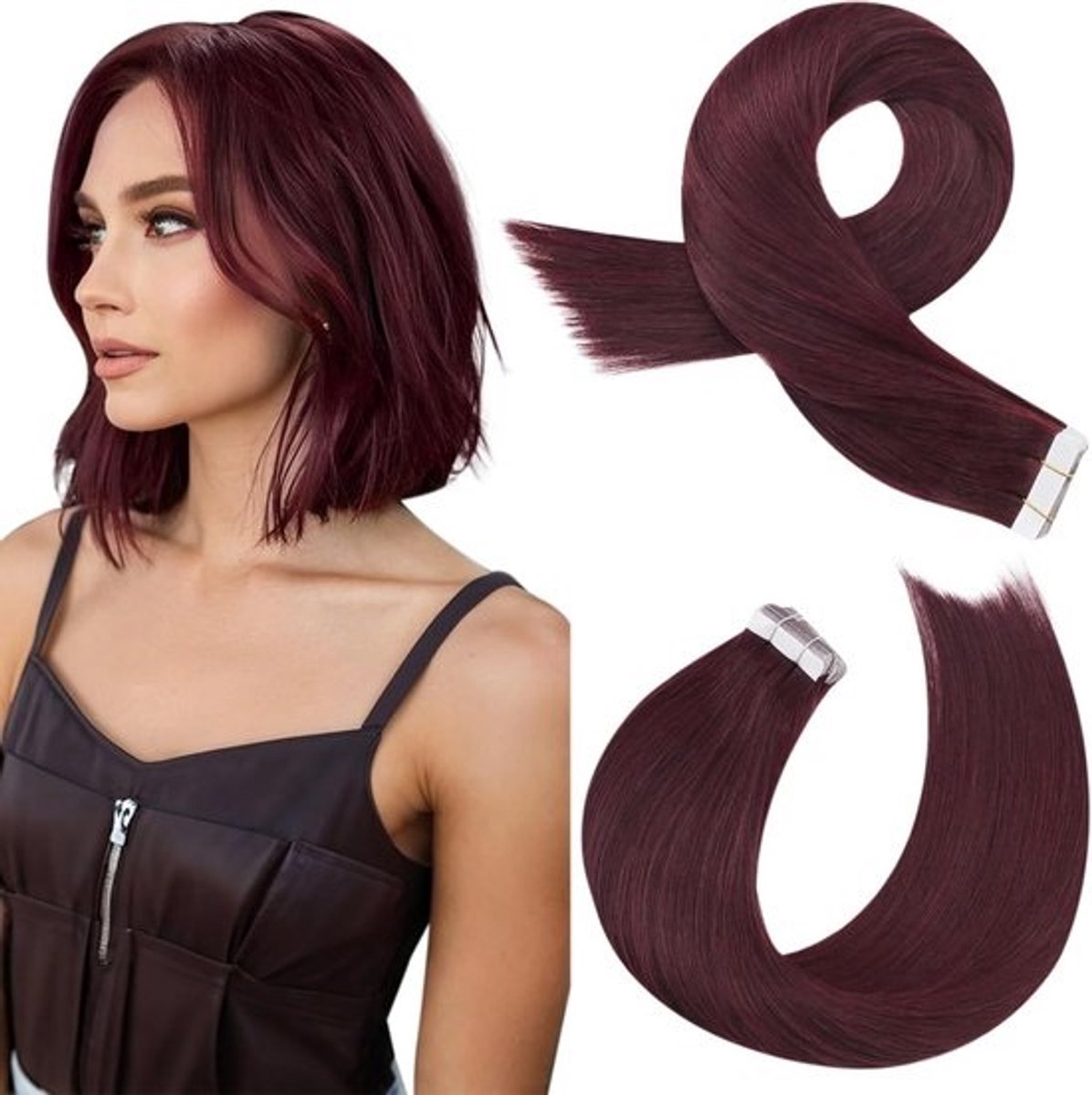 Tape In Haarverlenging Echt Menselijk Haar Kort 25cm Diep Bordeauxrood #99J