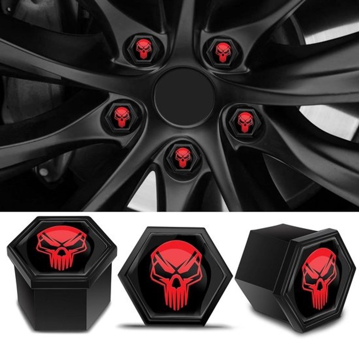 Wielbout Afdekkappen - Moerdoppen Velgslot - Auto Personaliseren - Schedel Design - 17 mm - Rood Zwart