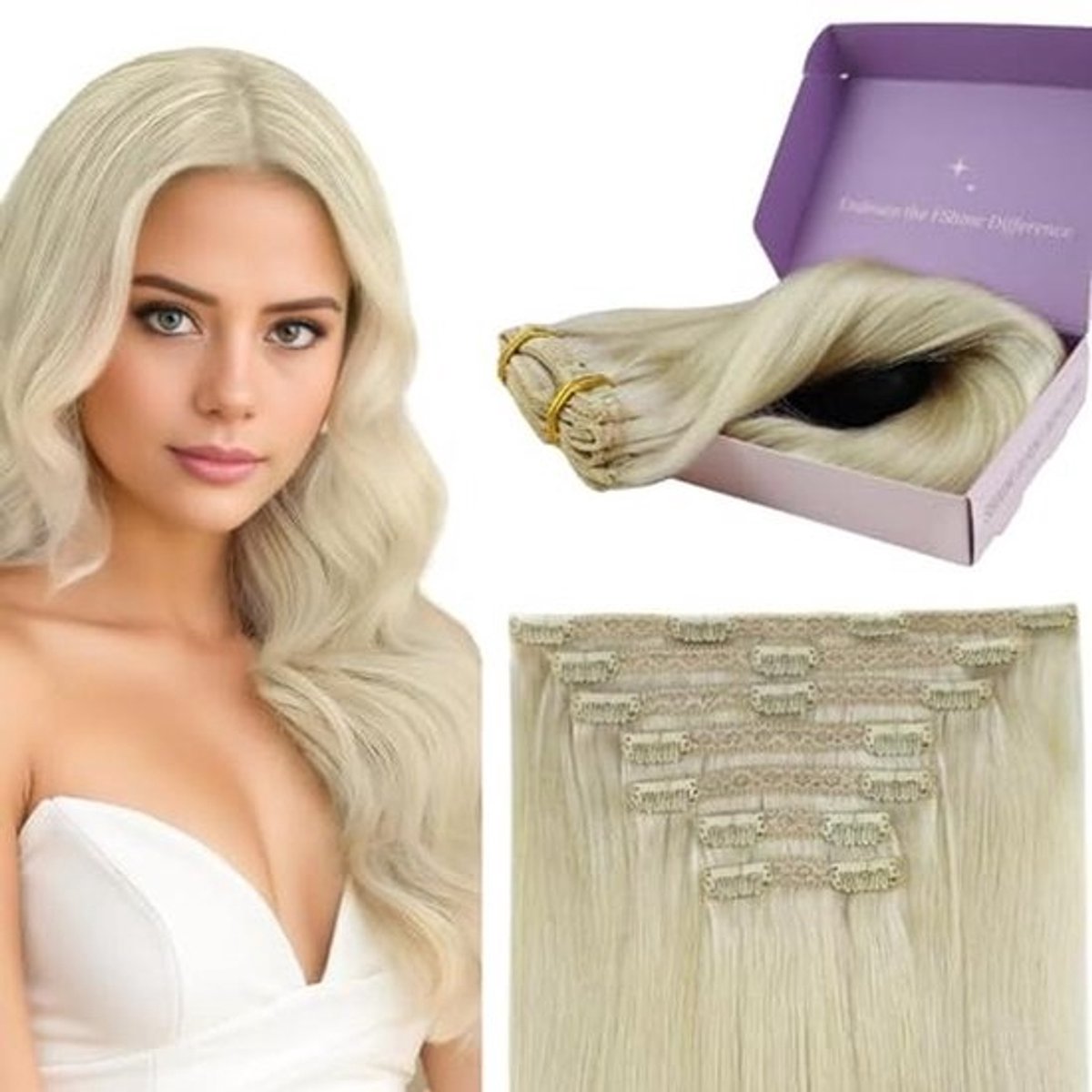 Clip-in haarextensions 100% Echt Haar Wit Blond 24 inch 120g 7 Stuks