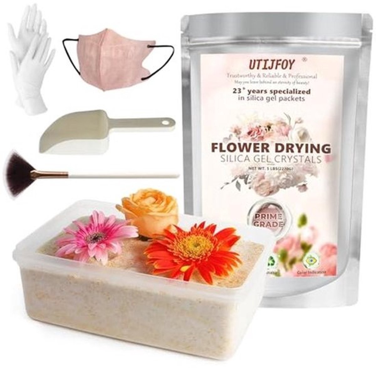Silica Gel Droogset voor Bloemen - 2LBS Herbruikbare Kristallen met Kleurindicator en Luchtdichte Container