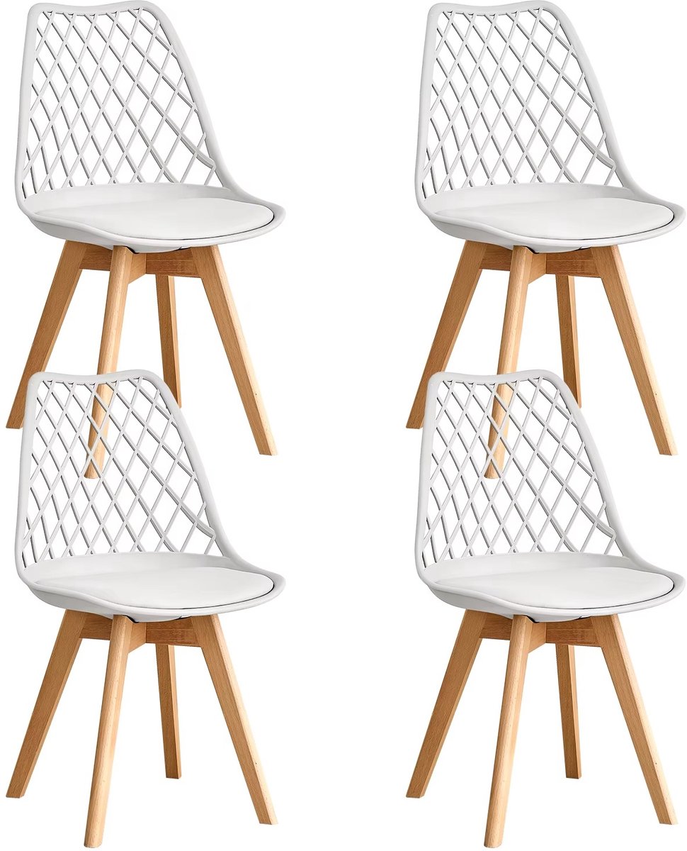 Whoopr® Set van 4 Eetkamerstoelen – Moderne Gestoffeerde Stoelen met Mesh Rugleuning & Massief Houten Poten – Comfortabele Keukenstoelen voor Eetkamer, Woonkamer & Café Wit