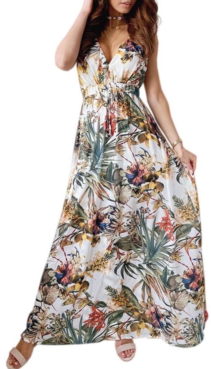 Dames Maxi Jurk Zomer Bloemenprint Mouwloos V-Hals Lange Strandjurk Boho