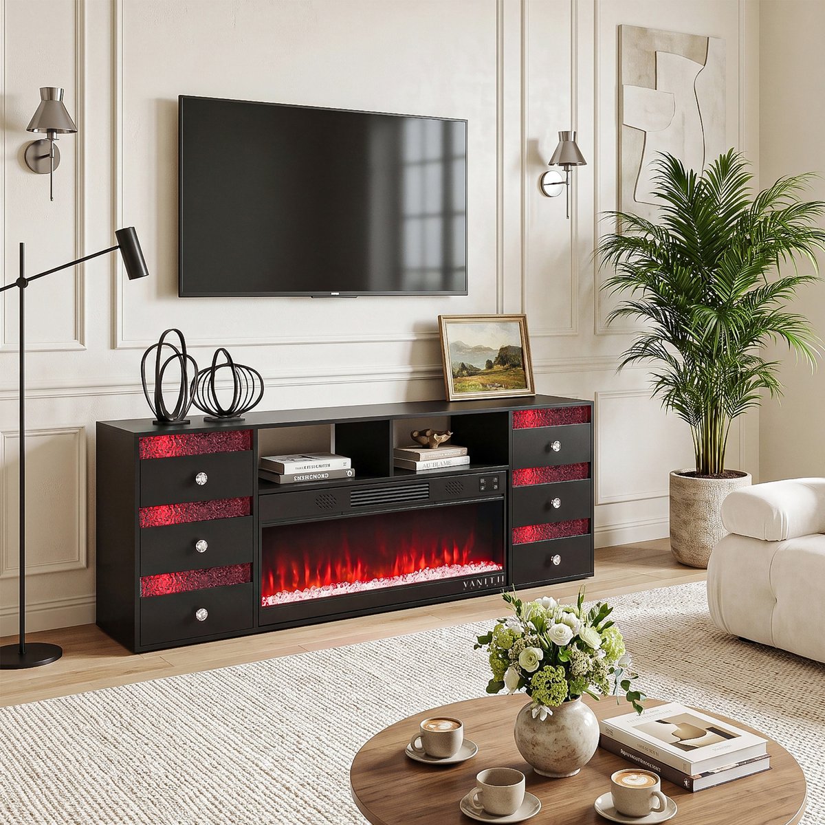 VANITII GLOBAL TV-Kast Met Elektrische Haard LED RGB 6 Lades Zwart 180 x 40 x 65 cm