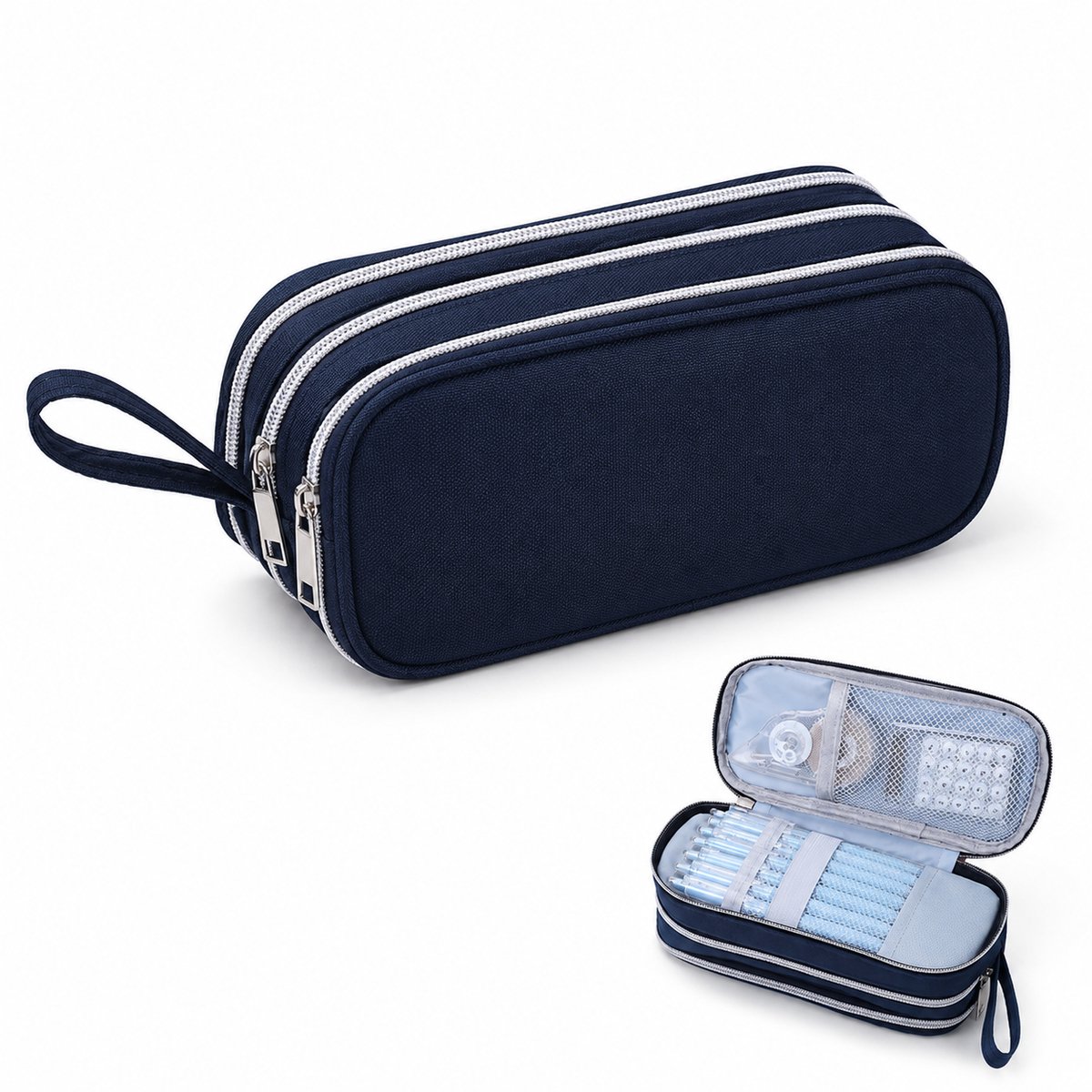 VHV - Etui 3 Vakken - 22x8x10 cm - Grote Capaciteit Pennenetui - Schooletui - Make-up Tas , Organizer Voor School Examen, Kantoor -Blauw