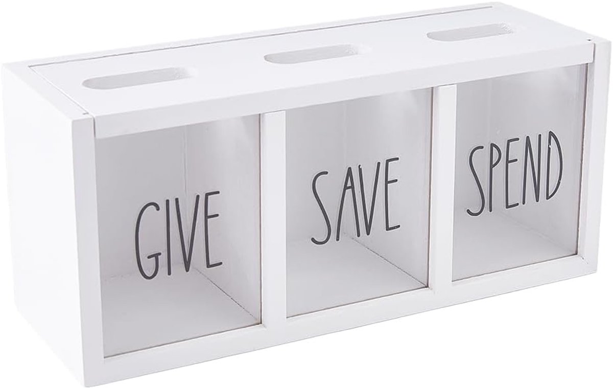 Houten Spaarpot met 3 Vakken (GIVE / SAVE / SPEND) – Magnetisch, Ophangbaar, voor Kinderen en Volwassenen，wit