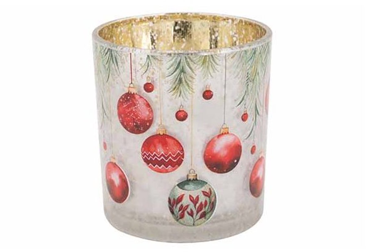 Theelichthouder Xmas Balls Rood Wit 7x7 Xh8cm Glas