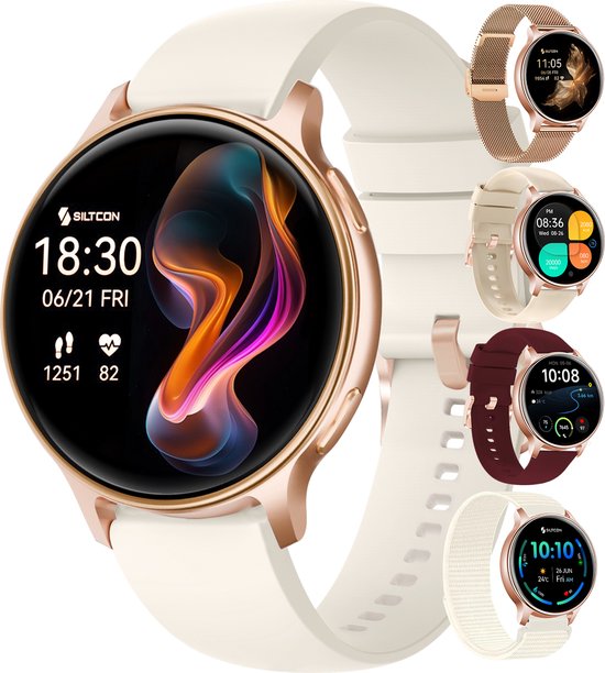 Siltcon® Auréa 2 - GPS Smartwatch Dames Goud - Horloge Dames - Stappenteller Horloge Dames - Sporthorloge Dames - Hartslagmeter - Slaapmonitor - Saturatiemeter - Belfunctie - Geschikt voor iOS/Android - AMOLED - RVS - Elke pols - Strava - 5 Bandjes