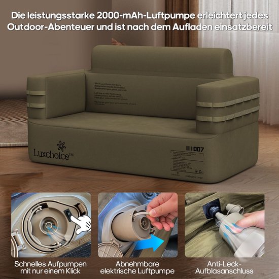 Opblaasbare bank 2-persoons – Met oplaadbare elektrische pomp – Draagbare campingbank – 300 kg – Groen — afbeelding 3