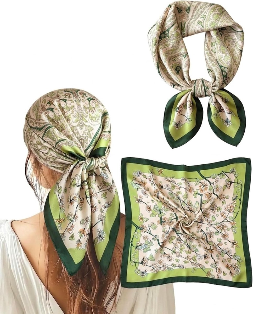 Elegante satijnen hoofddoek voor dames met groen-wit patroon, multifunctionele sjaal voor dagelijks gebruik, strand en zomer