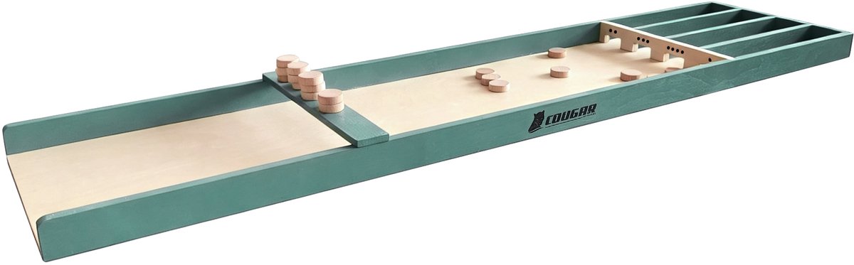 Cougar Mini Sjoelbak Naturel/Groen 120 cm – Houten Sjoelbak met 20 Sjoelschijven – Compact Shuffleboard – Gezelschapsspel voor Binnen – Familiespel vanaf 3 Jaar
