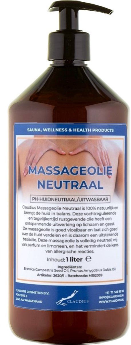 Massageolie Neutraal 1 liter met gratis pomp - 100% natuurlijk - biologisch en koud geperst