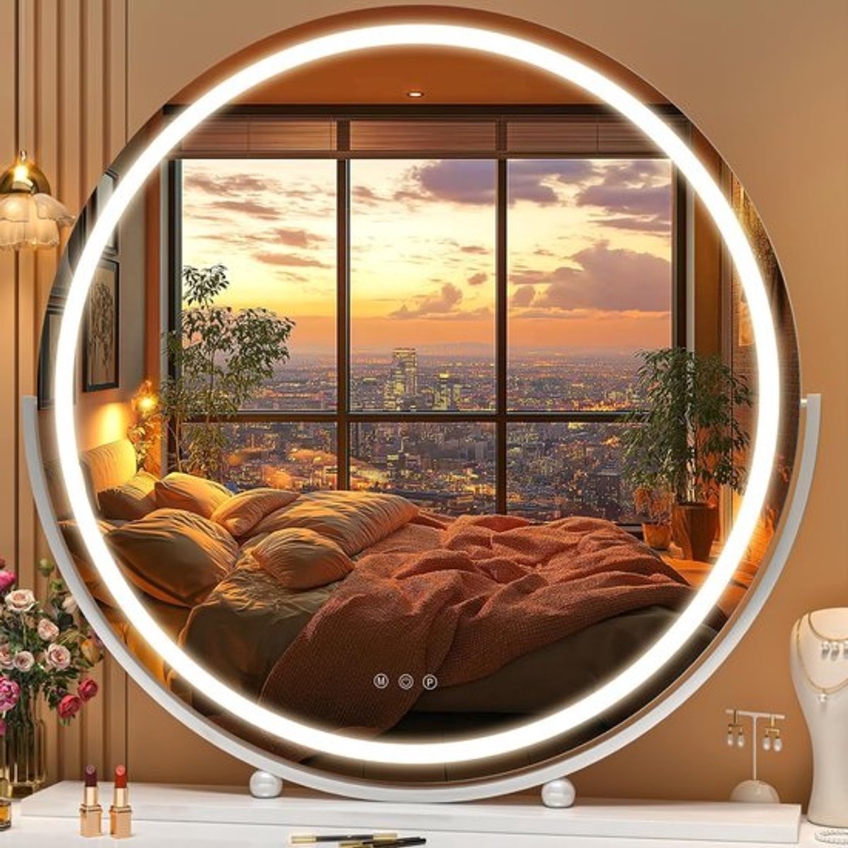 Verlichte Make-upspiegel Rond met Dimbare LED Verlichting, 70 x 70 cm, 3 Kleuren, Slimme Aanraakbediening, 360° Rotatie