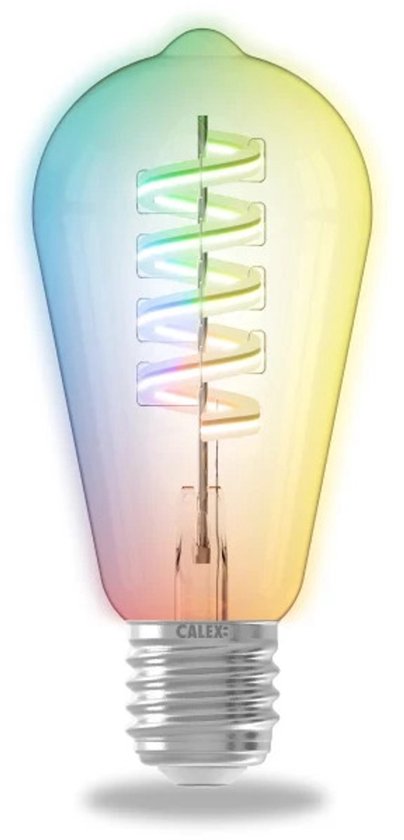 Een heldere, rustieke Calex slimme ledlamp met rgb-kleuren en warm wit licht.