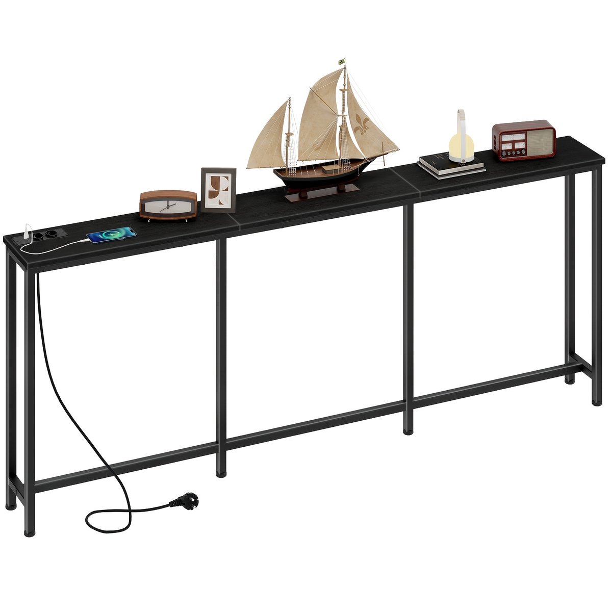House of Balance Wandtafel - Console Tafel 200x18x82 cm - Industrieel Design met Laadstations - Smalle Haltafel - Hout en Staal – Hal Woonkamer - Zwart