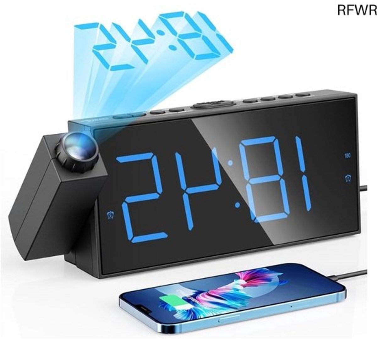 RFWR® Digitale Projectiewekker met Draaibare Projector en USB-aansluiting - Multifunctionele Alarmklok voor Slaapkamer en Kantoor