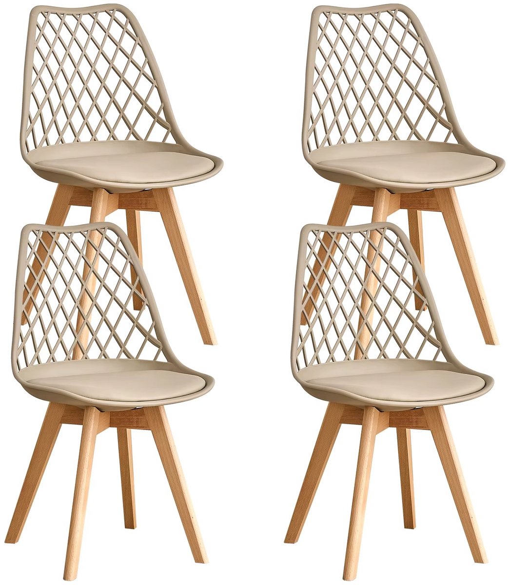 Whoopr® Set van 4 Eetkamerstoelen – Moderne Gestoffeerde Stoelen met Mesh Rugleuning & Massief Houten Poten – Comfortabele Keukenstoelen voor Eetkamer, Woonkamer & Café beige/khaki