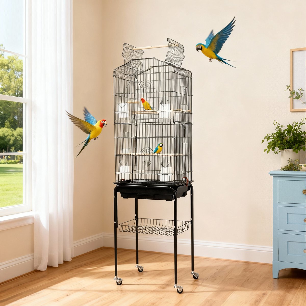 Vogelkooi met afneembaar onderstel op wieltjes en opbergrek, grote vogelverblijf voor parkieten en andere vogels, inclusief accessoires, 45x35x155 cm