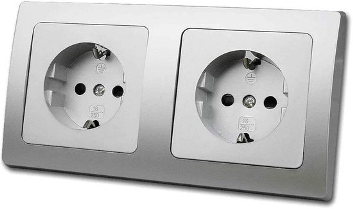 Dubbel Stopcontact inbouw, Geaard, 250V/16A, Elegante Zilvergrijze Afwerking