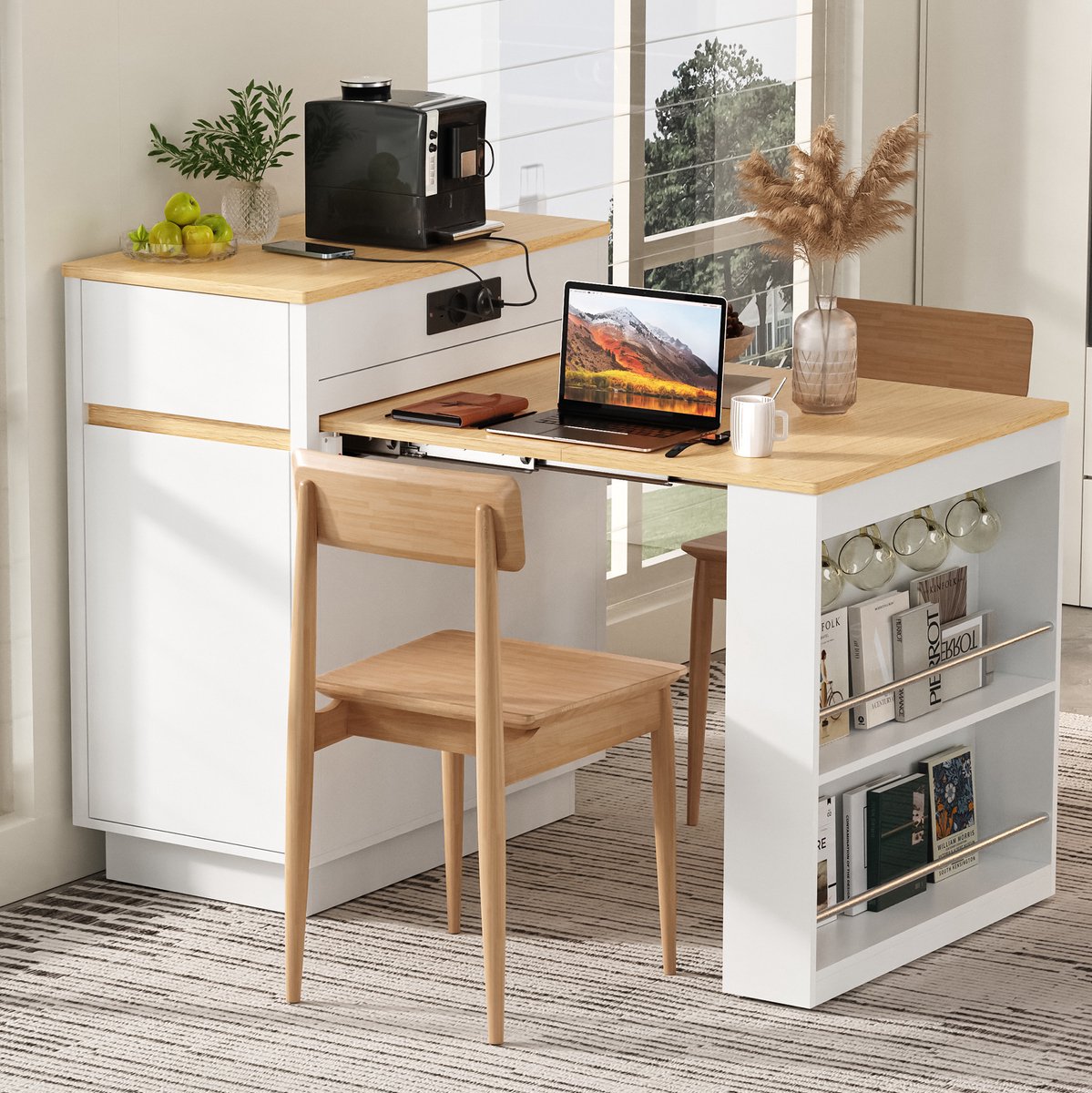 REDOM - Keukeneiland / eettafel - Uitschuifbaar tafelblad - Opklapbaar - Met opbergruimte en lades - Modern - Keuken en eetkamer - MDF - Wit - 154 x 80,5 x 94 cm
