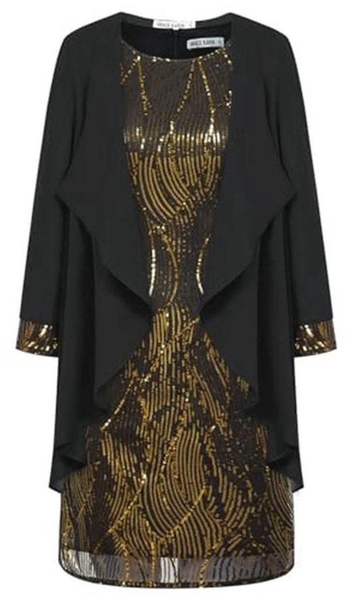 Dames Mouwloze Ronde Hals Pailletten Caami Jurk met Tule Cardigan - Elegante Avondjurk voor Feestjes