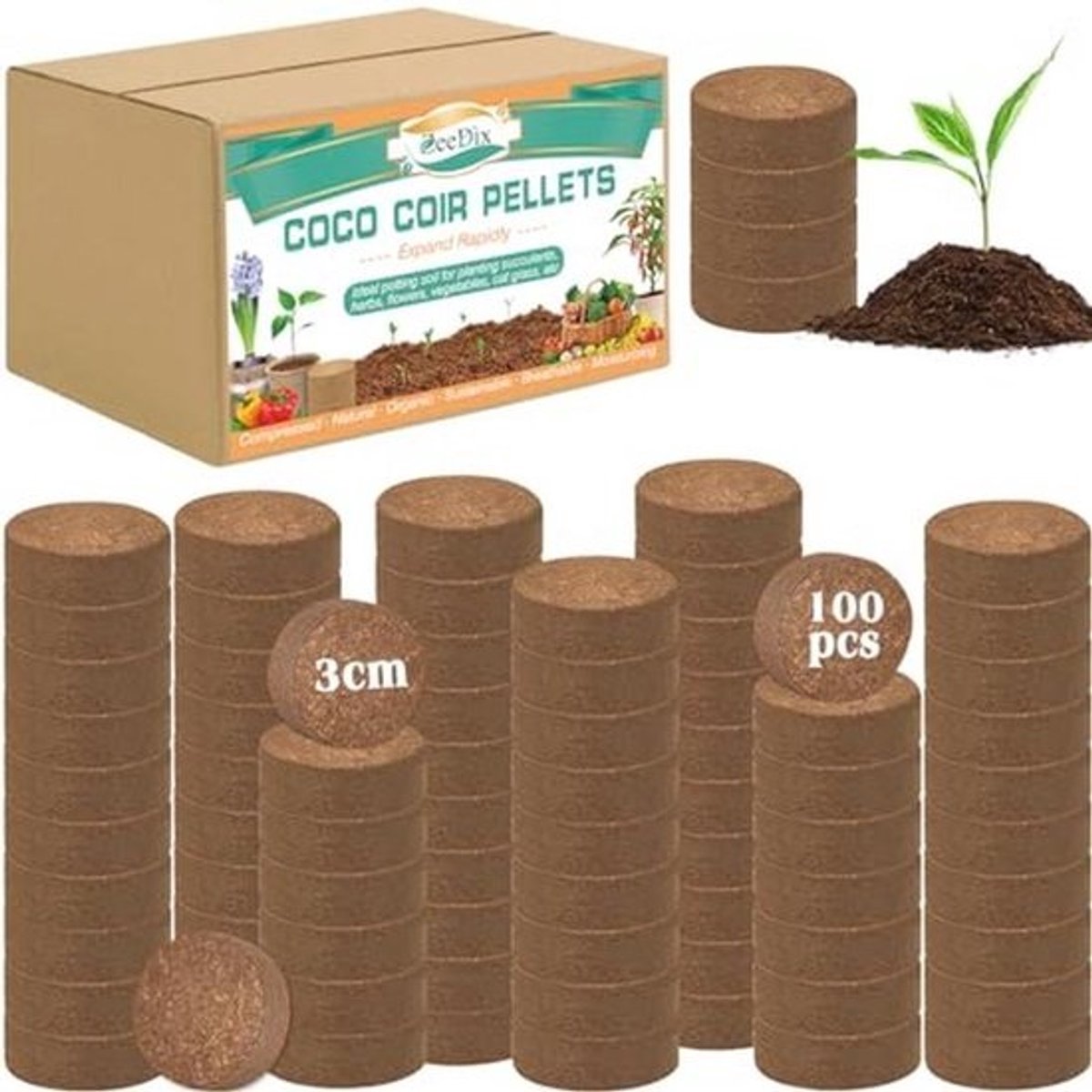 100 stuks kokosvezel potgrond - 30mm kokosmedium voor binnen en buiten