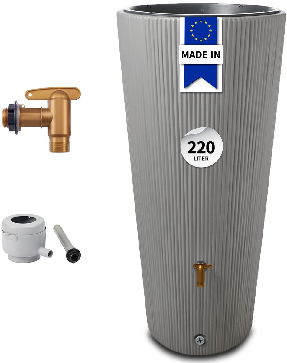 Famanu – Waterdichte regenton 220 liter in zinkgrijs, inclusief accessoires voor tuingebruik