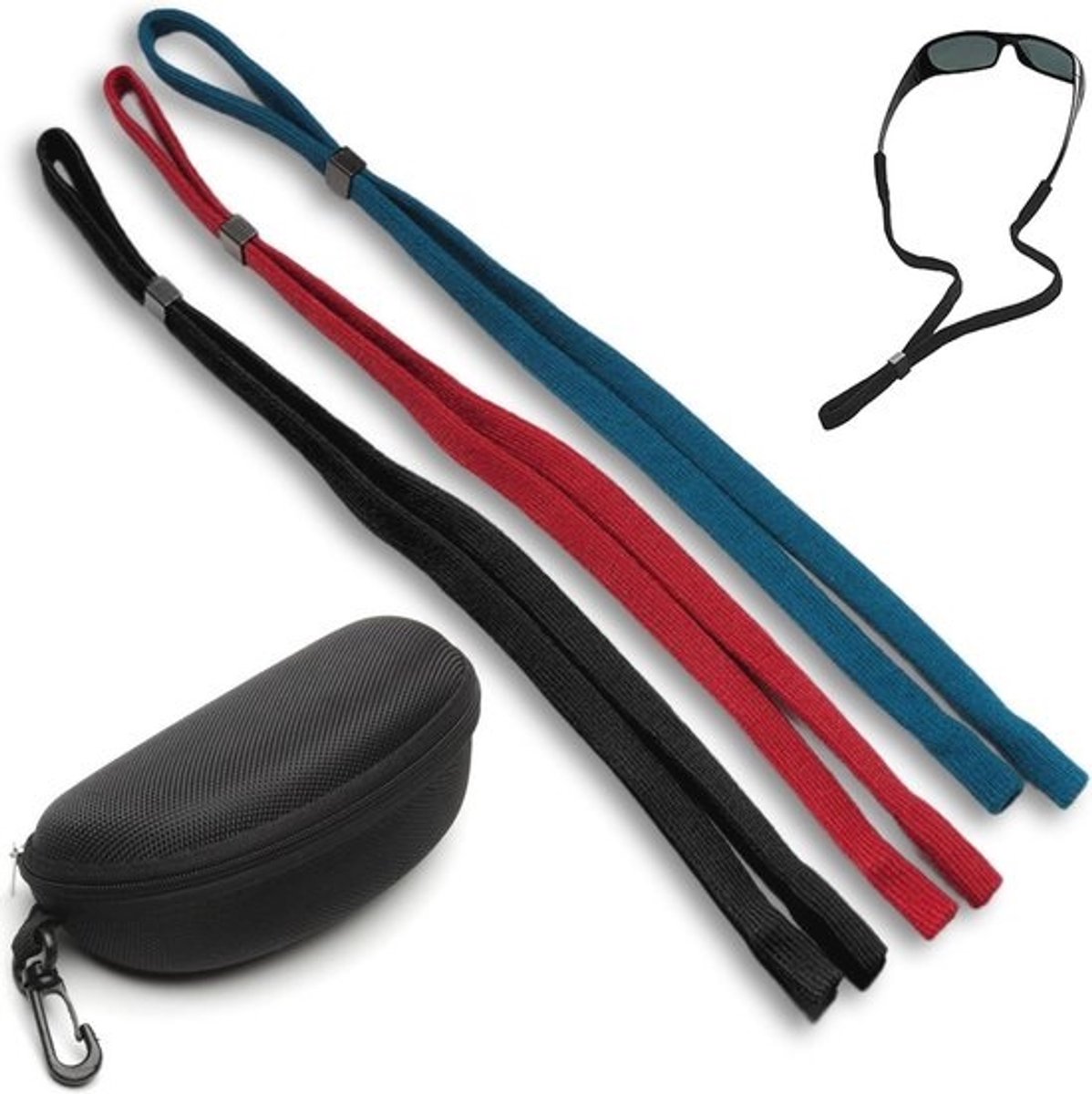 Set van 3 verstelbare brillenkoorden met etui - Antislip trekkoord voor zonnebril, leesbril en meer