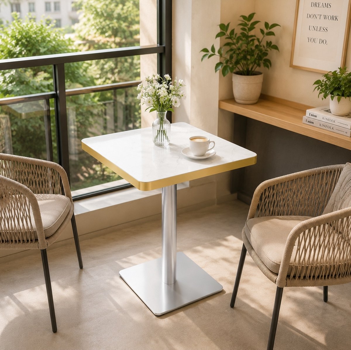 REDOM - Eettafel - Vierkant - Stabiel metalen onderstel - Marmerlook blad met gouden rand - Modern - Woonkamer of keuken - MDF en metaal - Wit, Goud, Zilver - 60 x 60 x 74 cm